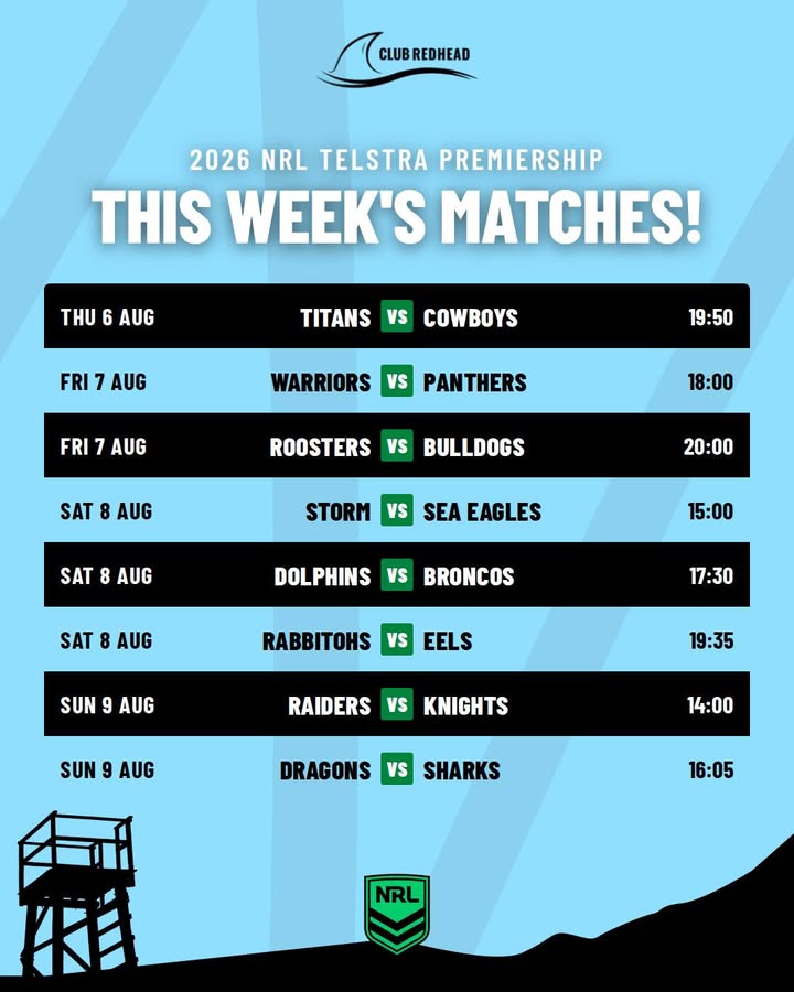 Featured image for “This Week’s NRL Matches at Club Redhead – 6-9 Aug 2026”